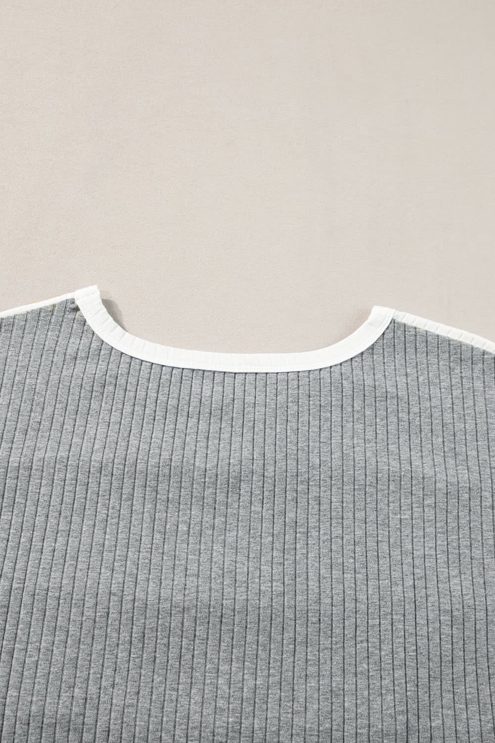 Gray Ribbed Color Block Patchwork T-shirt - Love Salve